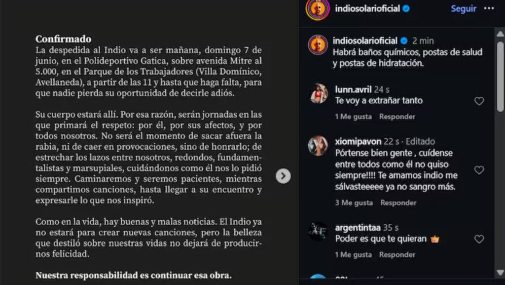 La familia del Indio Solari dijo que el velatorio comenzará este domingo «hasta que haga falta»