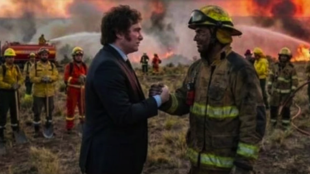 Milei agradeció a brigadistas de la Patagonia con una foto imaginaria mientras les recortó casi 80% el presupuesto para combatir los incendios